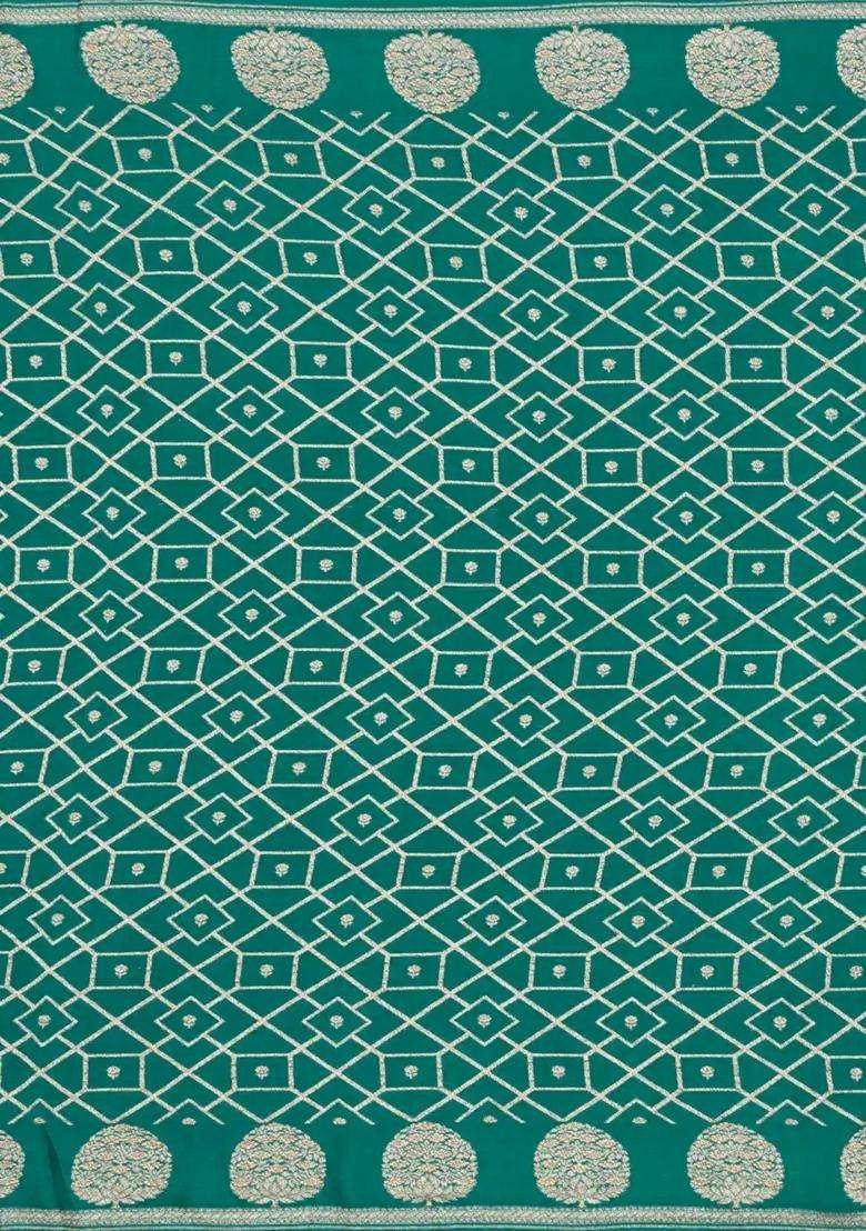Aquamarine Handloom Banarasi Khaddi Georgette Silk Saree With Floral Motifs With Buttas And Brocade Design For Women - Indya