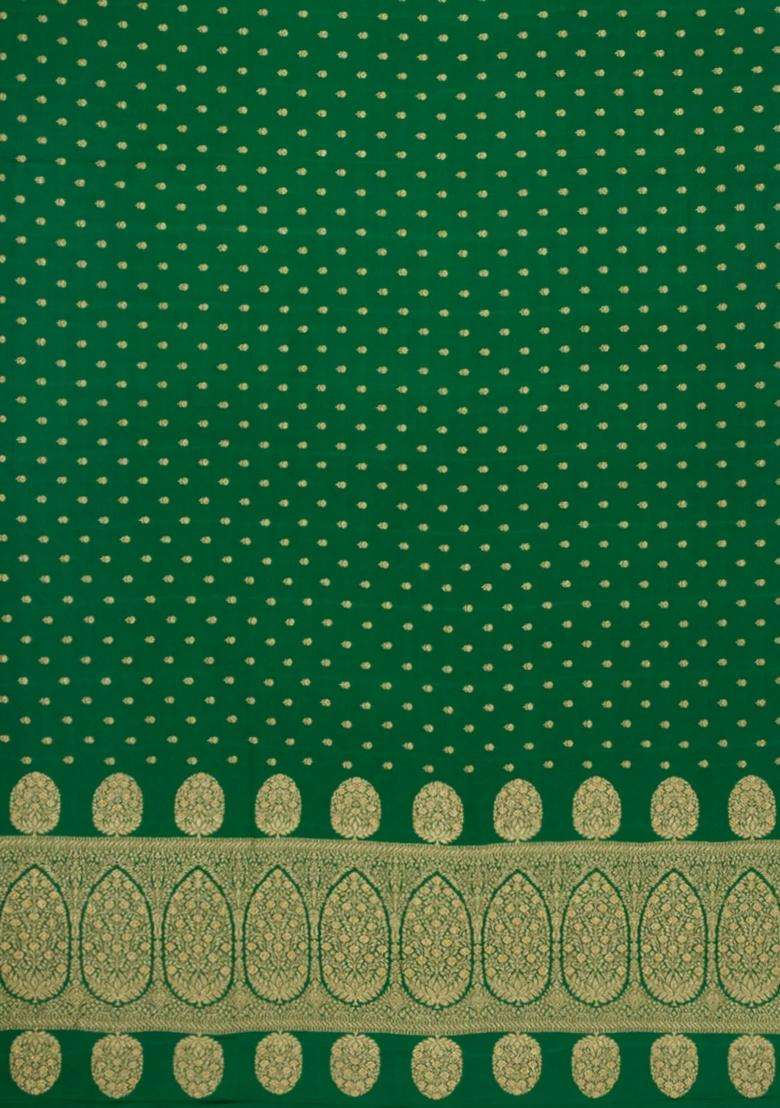 Green Handloom Banarasi Khaddi Georgette Silk Saree With Floral Motifs With Buttas And Brocade Design For Women - Indya