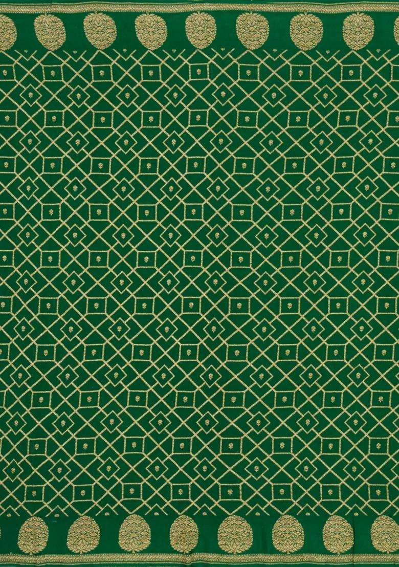 Green Handloom Banarasi Khaddi Georgette Silk Saree With Floral Motifs With Buttas And Brocade Design For Women - Indya