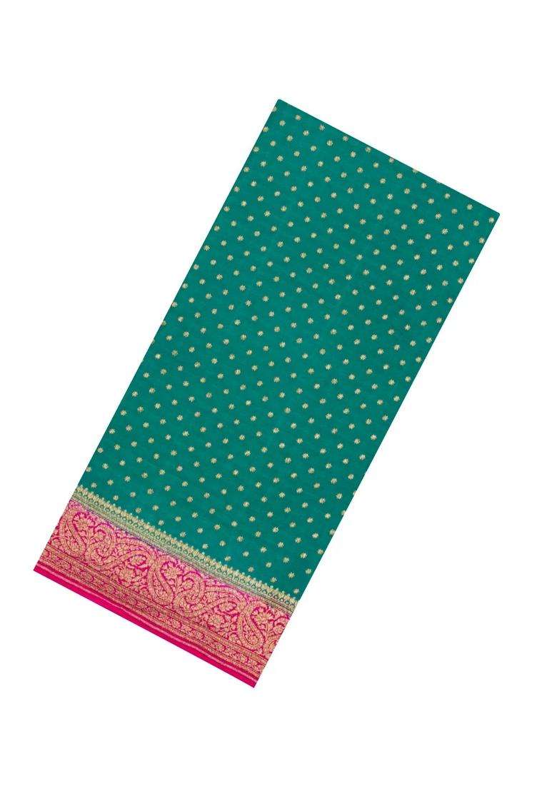 Aquamarine Handloom Banarasi Khaddi Georgette Silk Saree With Contrast Border With Buttas And Brocade Design For Women - Indya
