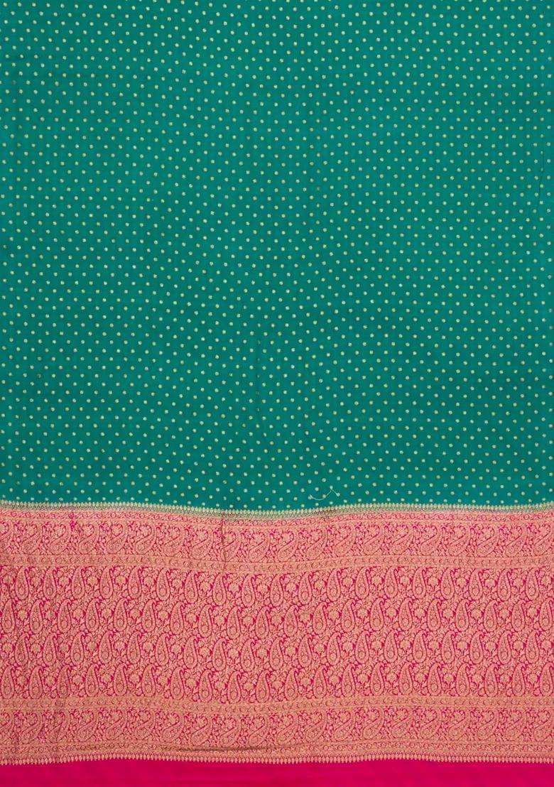 Aquamarine Handloom Banarasi Khaddi Georgette Silk Saree With Contrast Border With Buttas And Brocade Design For Women - Indya