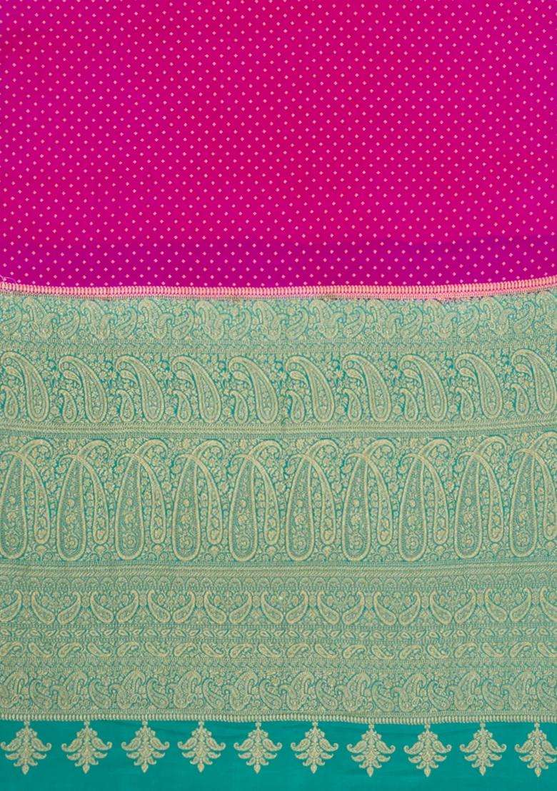 Hot Pink Handloom Banarasi Khaddi Georgette Silk Saree With Contrast Border With Buttas And Brocade Design For Women - Indya