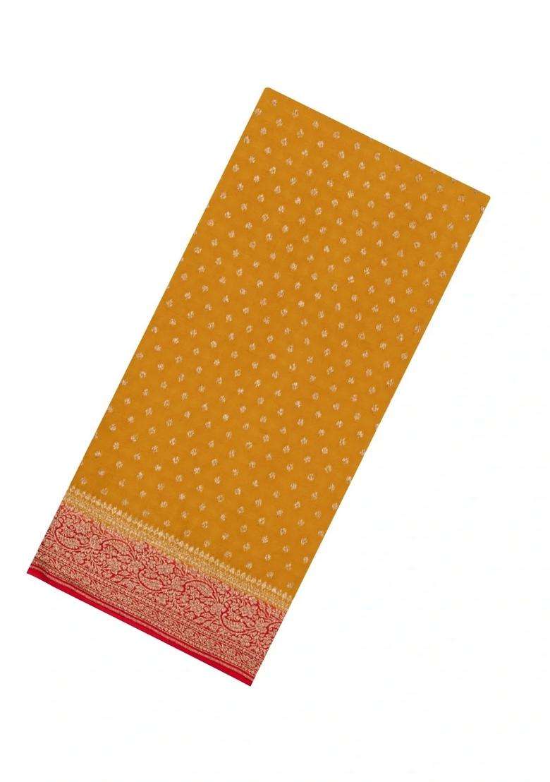 Mustard Handloom Banarasi Khaddi Georgette Silk Saree With Contrast Border With Buttas And Brocade Design For Women - Indya