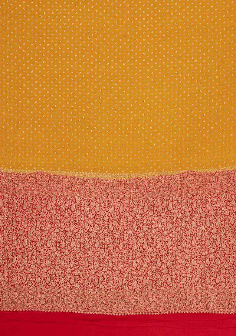Mustard Handloom Banarasi Khaddi Georgette Silk Saree With Contrast Border With Buttas And Brocade Design For Women - Indya