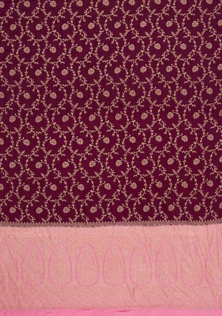 Dark Maroon Handloom Banarasi Khaddi Georgette Silk Saree With Contrast Border With Buttas And Brocade Design For Women - Indya