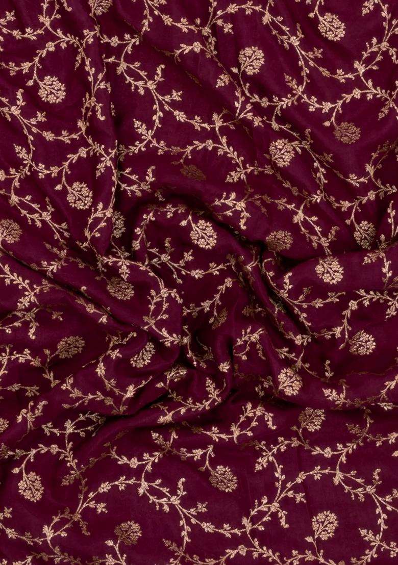Dark Maroon Handloom Banarasi Khaddi Georgette Silk Saree With Contrast Border With Buttas And Brocade Design For Women - Indya