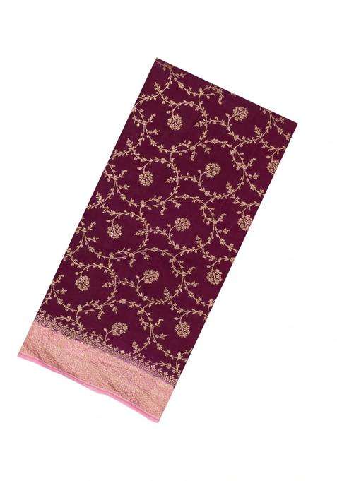 Dark Maroon Handloom Banarasi Khaddi Georgette Silk Saree With Contrast Border With Buttas And Brocade Design For Women