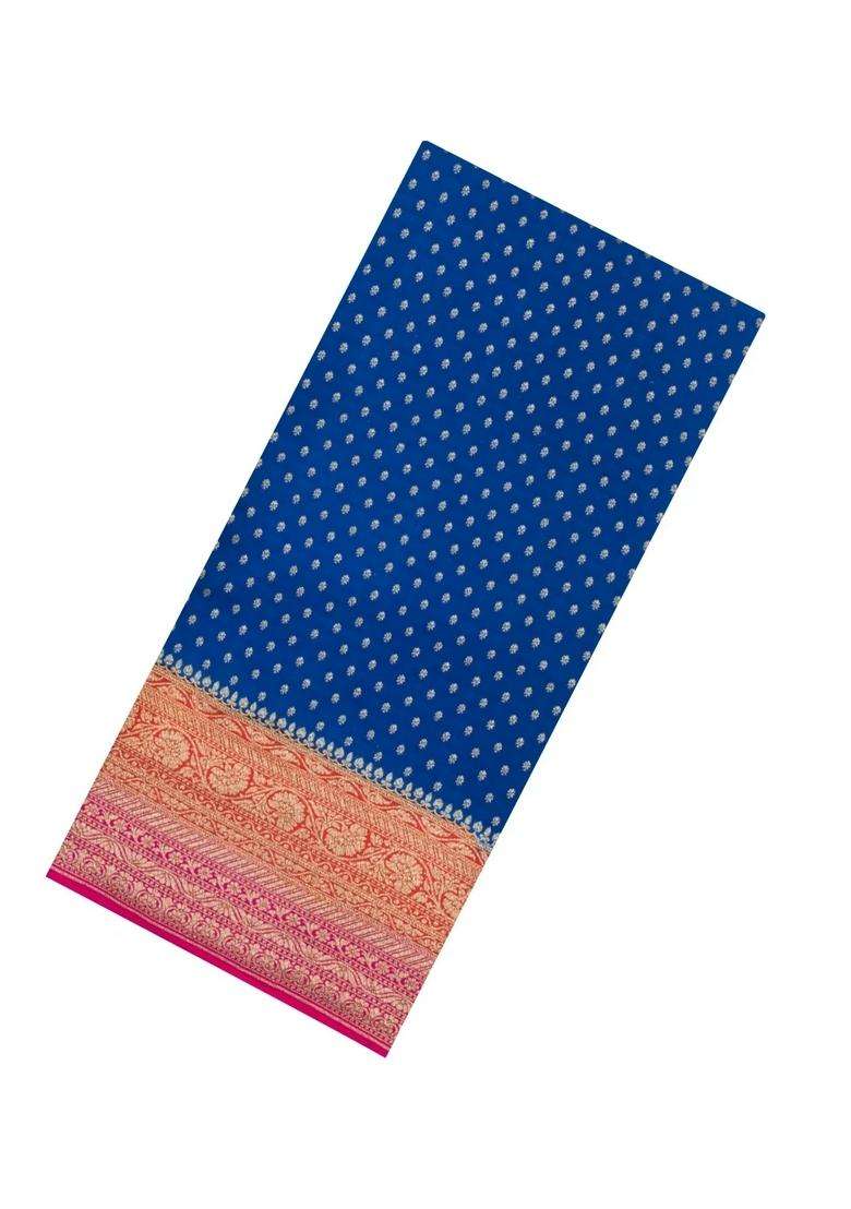 Blue Handloom Banarasi Khaddi Georgette Silk Saree With Contrast Border With Buttas And Brocade Design For Women - Indya