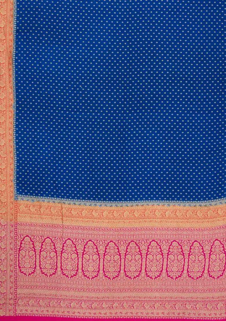 Blue Handloom Banarasi Khaddi Georgette Silk Saree With Contrast Border With Buttas And Brocade Design For Women - Indya