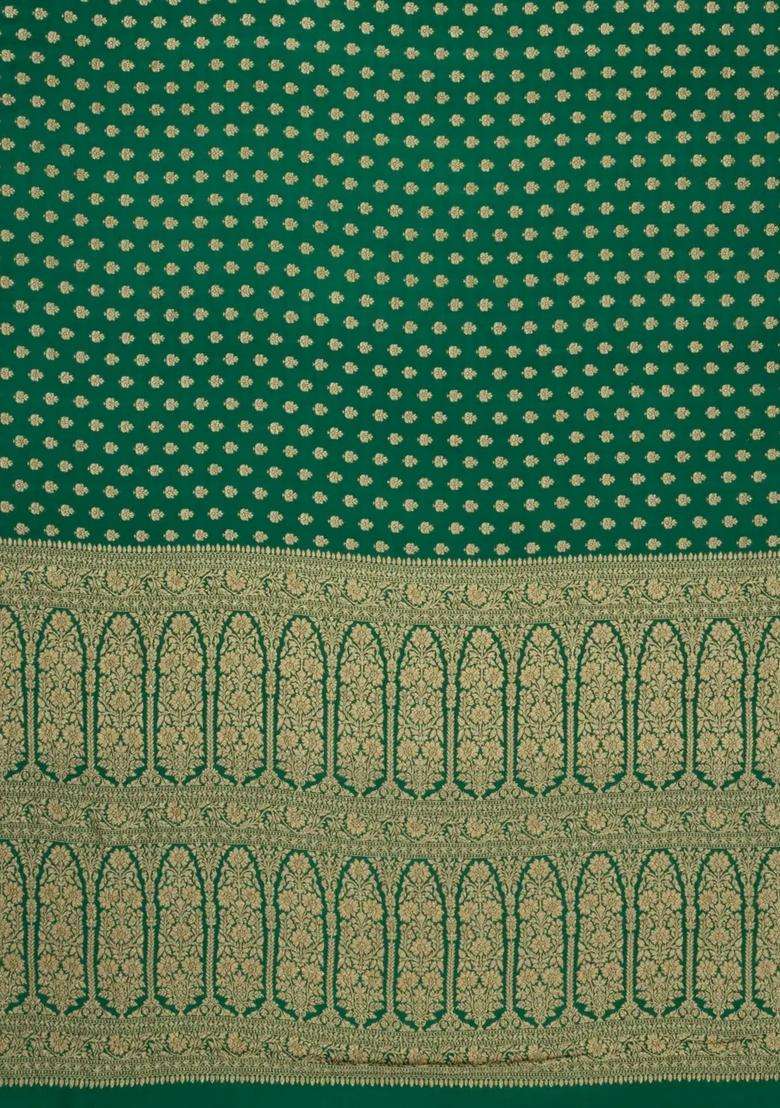 Green Handloom Banarasi Khaddi Georgette Silk Saree With Floral Motifs With Buttas And Brocade Design For Women - Indya
