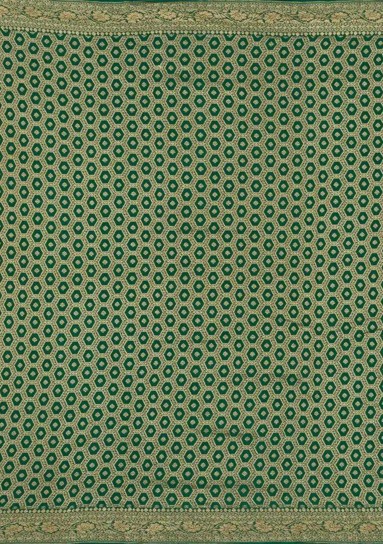 Green Handloom Banarasi Khaddi Georgette Silk Saree With Floral Motifs With Buttas And Brocade Design For Women - Indya