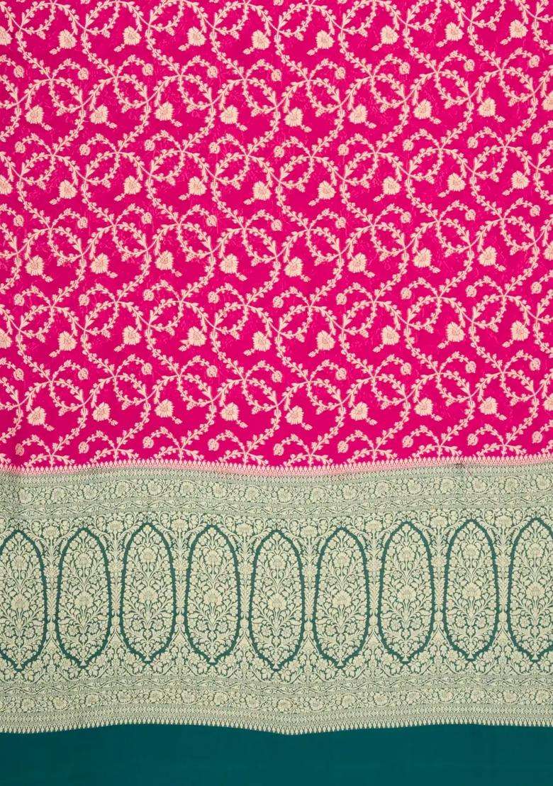 Pink Handloom Banarasi Khaddi Georgette Silk Saree With Contrast Border With Buttas And Brocade Design For Women - Indya