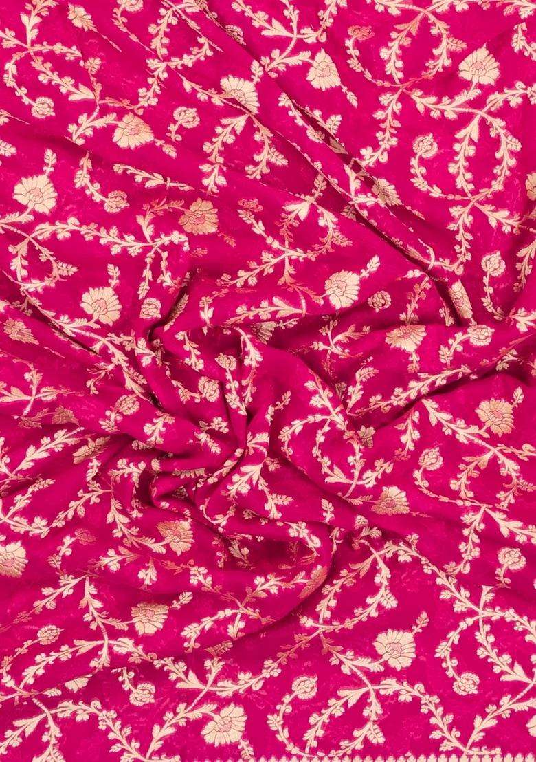 Pink Handloom Banarasi Khaddi Georgette Silk Saree With Contrast Border With Buttas And Brocade Design For Women - Indya