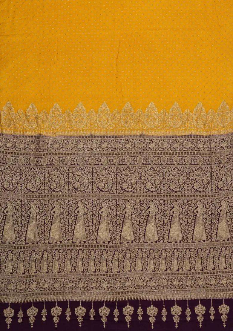 Mustard Handloom Banarasi Khaddi Georgette Silk Saree With Contrast Border With Buttas And Brocade Design For Women - Indya