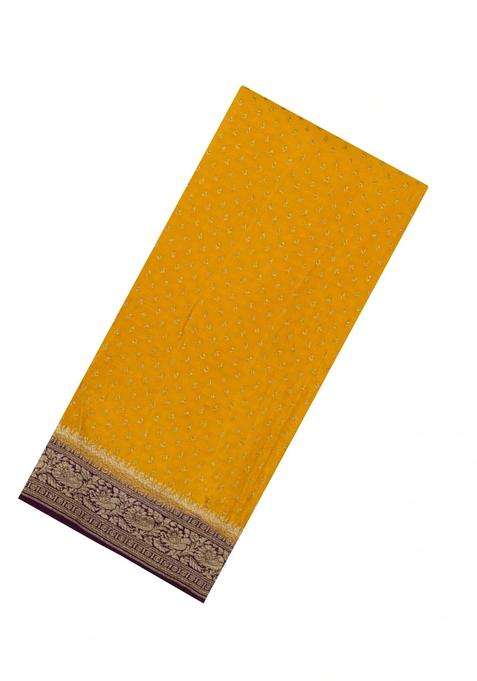 Mustard Handloom Banarasi Khaddi Georgette Silk Saree With Contrast Border With Buttas And Brocade Design For Women