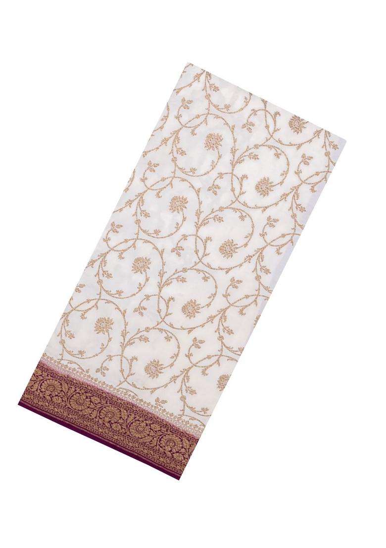 White Handloom Banarasi Khaddi Georgette Silk Saree With Contrast Border With Buttas And Brocade Design For Women - Indya