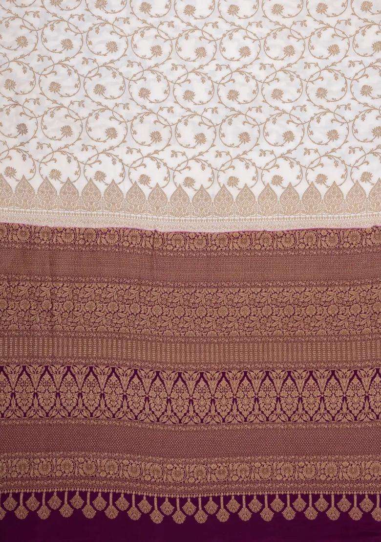 White Handloom Banarasi Khaddi Georgette Silk Saree With Contrast Border With Buttas And Brocade Design For Women - Indya