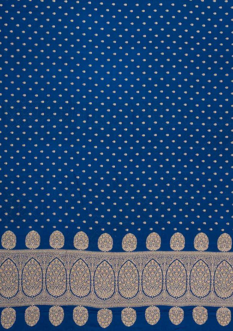 Indigo Handloom Banarasi Khaddi Georgette Silk Saree With Floral Motifs With Buttas And Brocade Design For Women - Indya
