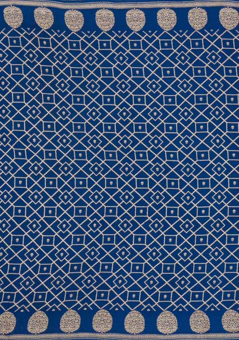 Indigo Handloom Banarasi Khaddi Georgette Silk Saree With Floral Motifs With Buttas And Brocade Design For Women - Indya