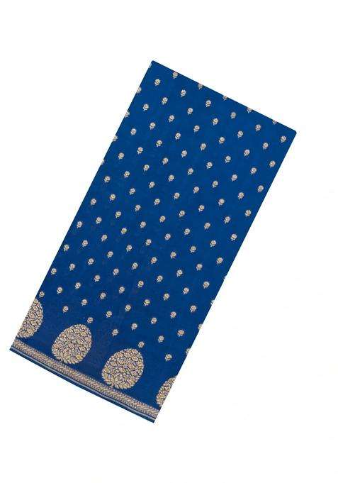 Indigo Handloom Banarasi Khaddi Georgette Silk Saree With Floral Motifs With Buttas And Brocade Design For Women