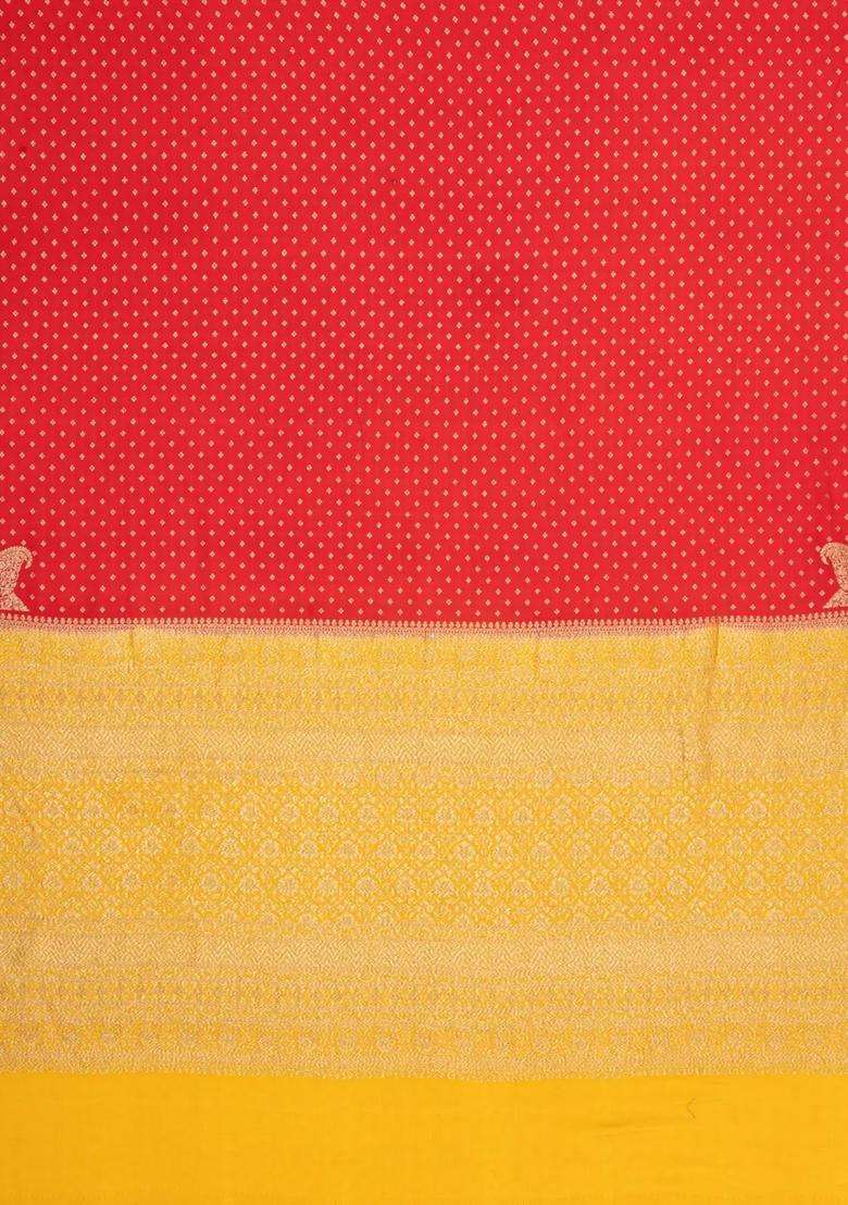Red Handloom Banarasi Khaddi Georgette Silk Saree With Contrast Border With Buttas And Brocade Design For Women - Indya