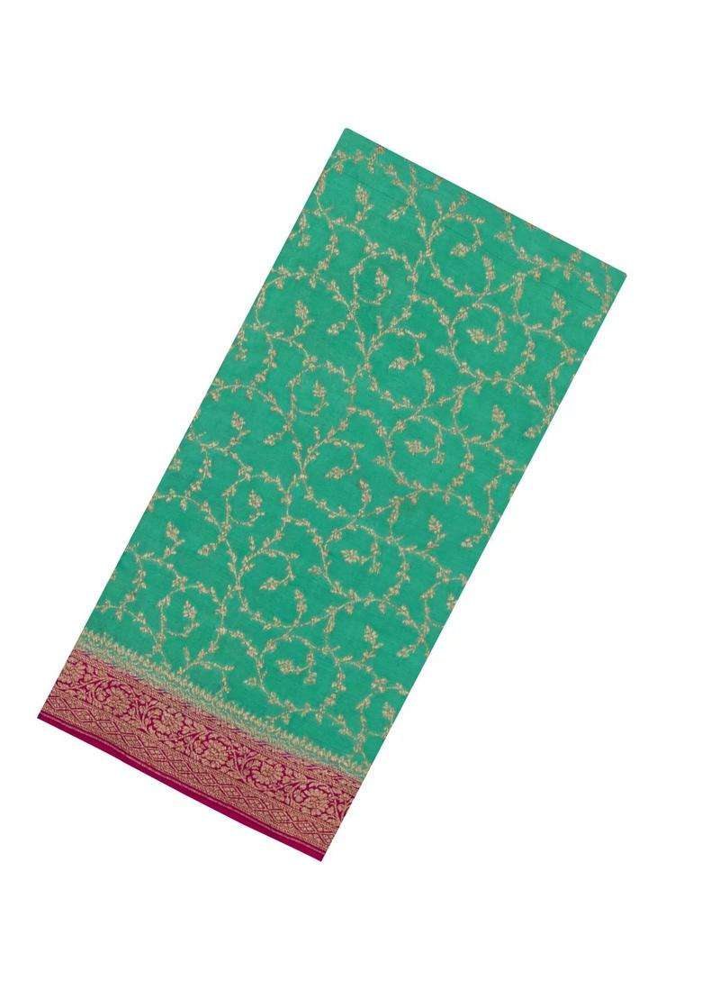 Aquamarine Handloom Banarasi Khaddi Georgette Silk Saree With Contrast Border With Buttas And Brocade Design For Women - Indya