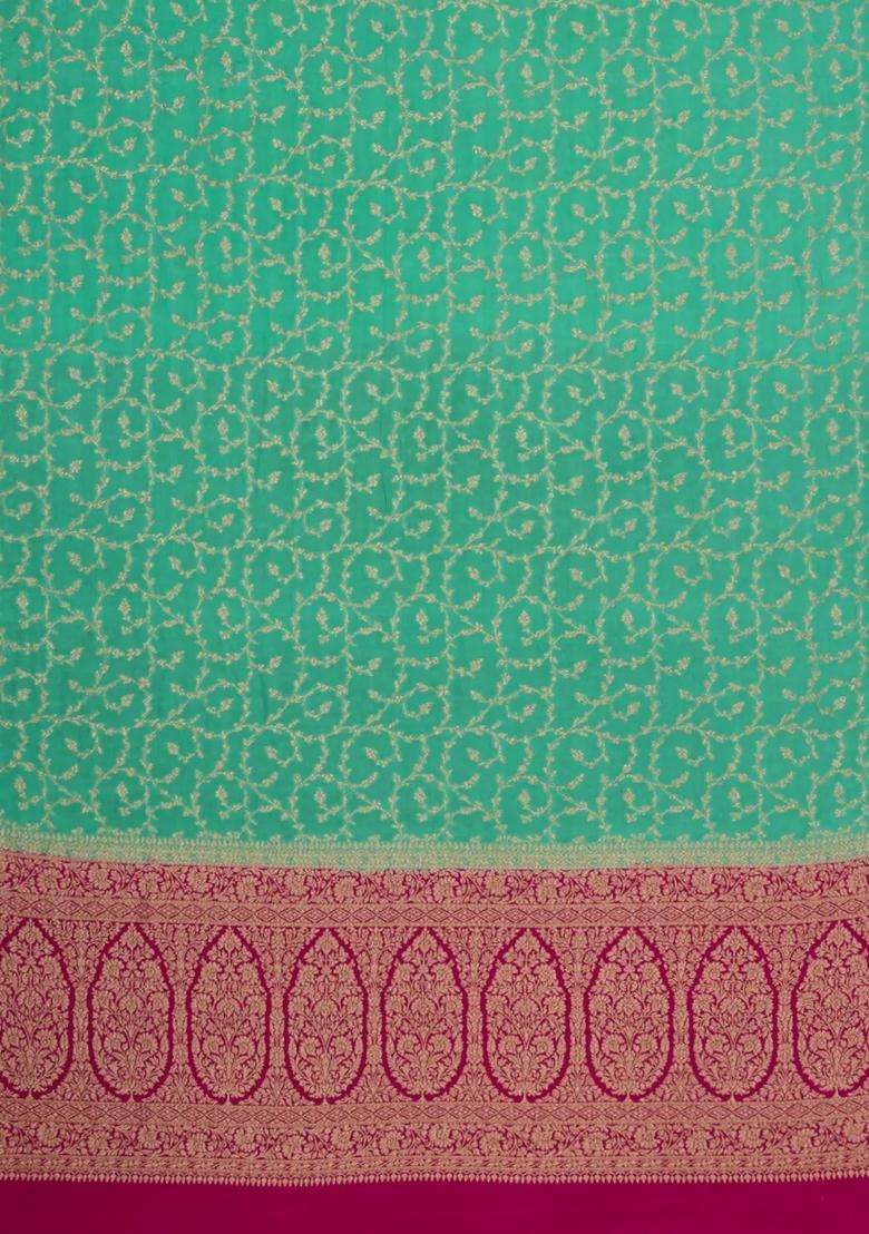 Aquamarine Handloom Banarasi Khaddi Georgette Silk Saree With Contrast Border With Buttas And Brocade Design For Women - Indya
