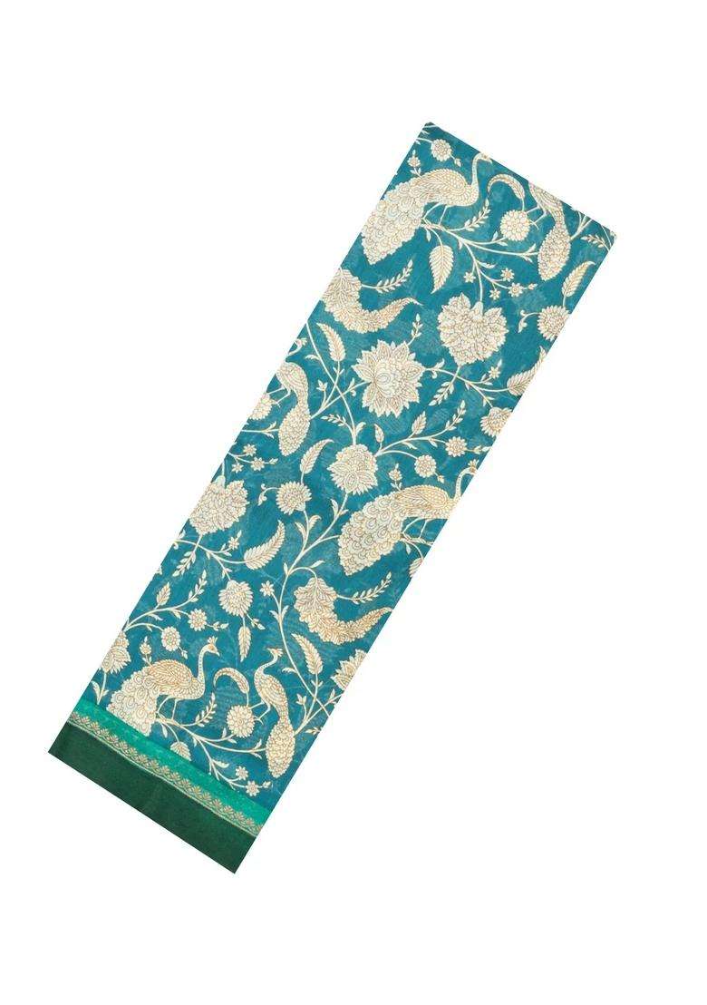 Sea Green Printed Chanderi Cotton Saree With Bird Motifs For Women - Indya