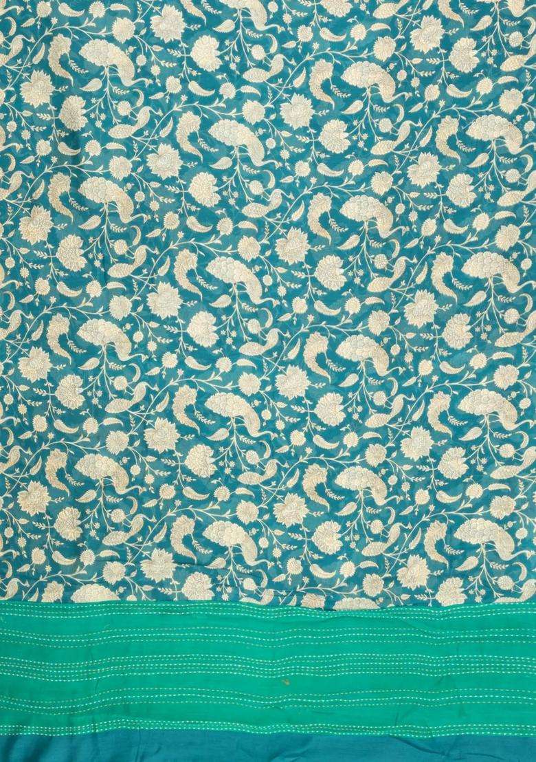 Sea Green Printed Chanderi Cotton Saree With Bird Motifs For Women - Indya