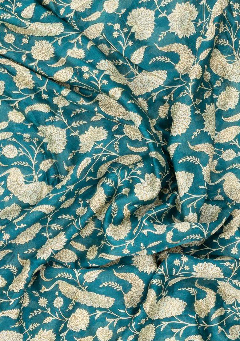 Sea Green Printed Chanderi Cotton Saree With Bird Motifs For Women - Indya
