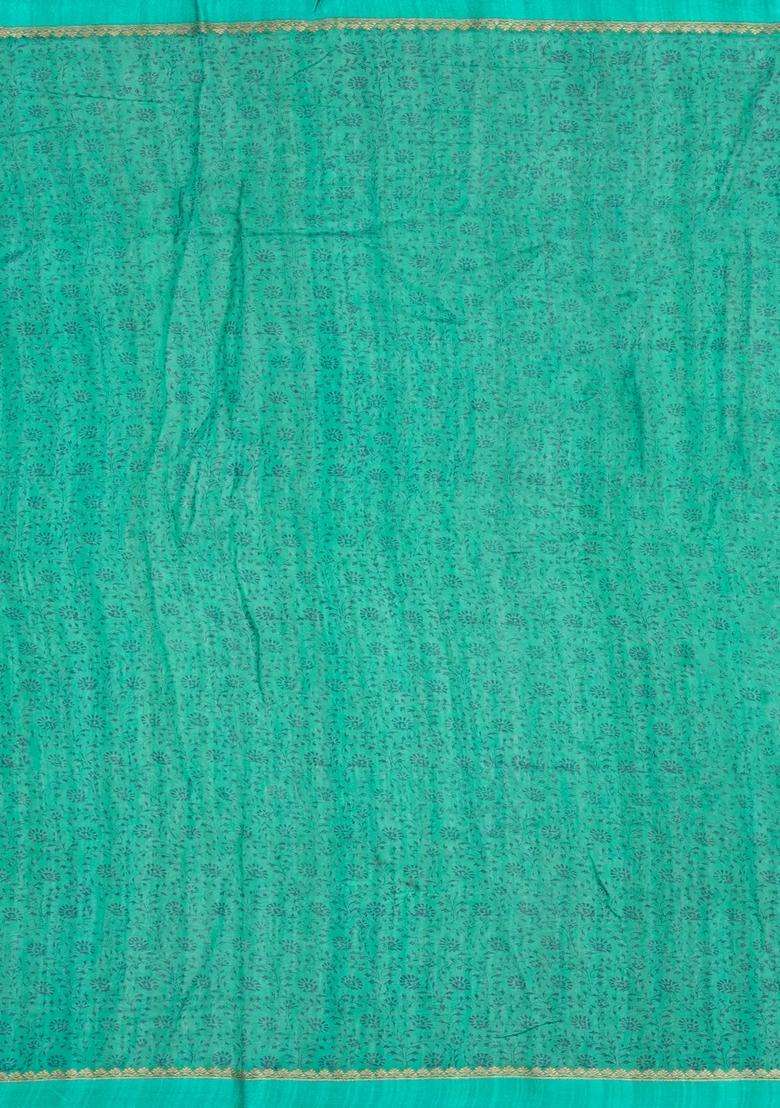 Sea Green Printed Chanderi Cotton Saree With Bird Motifs For Women - Indya