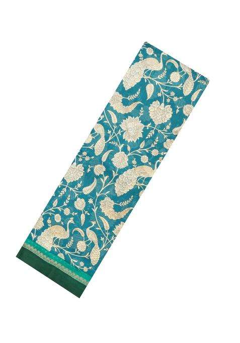 Sea Green Printed Chanderi Cotton Saree With Bird Motifs For Women