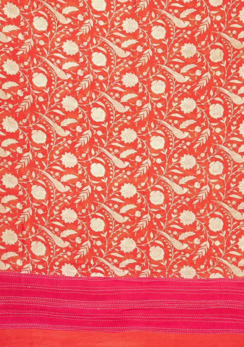 Red Printed Chanderi Cotton Saree With Bird Motifs For Women - Indya