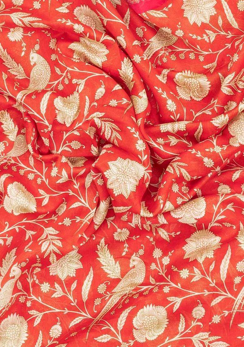 Red Printed Chanderi Cotton Saree With Bird Motifs For Women - Indya