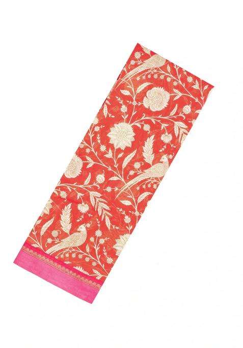 Red Printed Chanderi Cotton Saree With Bird Motifs For Women