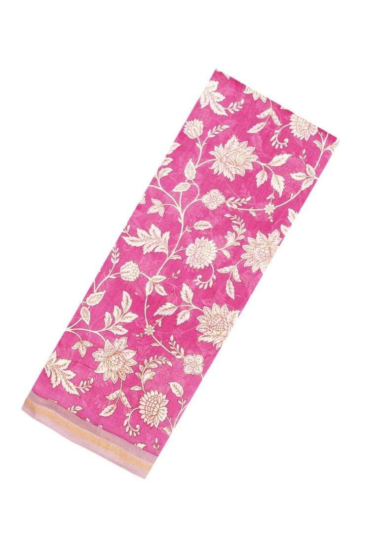 Pink Printed Chanderi Cotton Saree With Floral Motifs For Women - Indya