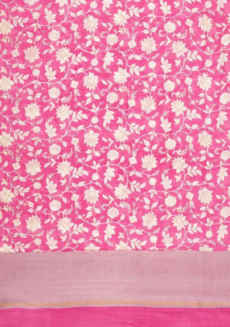 Pink Printed Chanderi Cotton Saree With Floral Motifs For Women - Indya