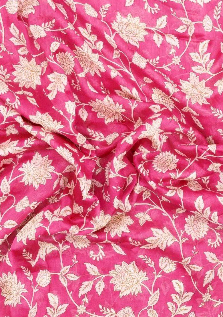 Pink Printed Chanderi Cotton Saree With Floral Motifs For Women - Indya