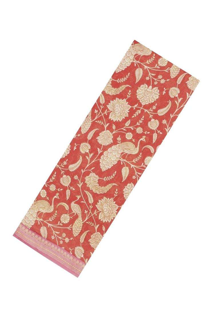 Dusty Peach Printed Chanderi Cotton Saree With Floral Motifs For Women - Indya