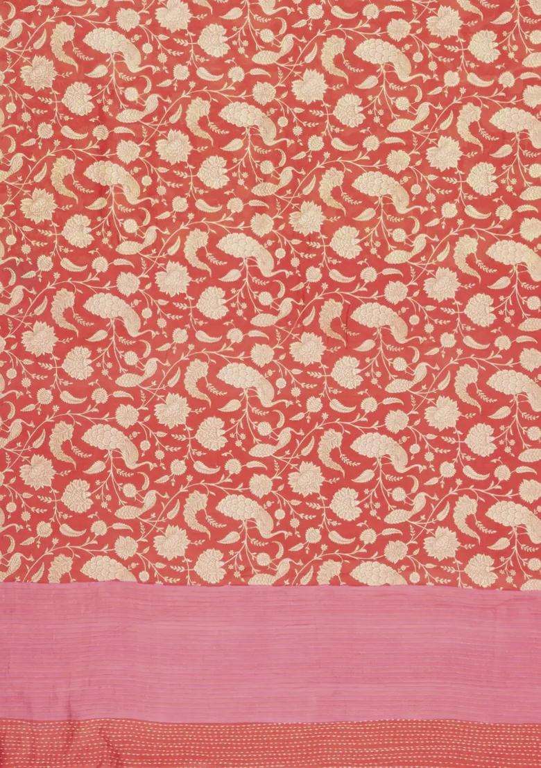 Dusty Peach Printed Chanderi Cotton Saree With Floral Motifs For Women - Indya