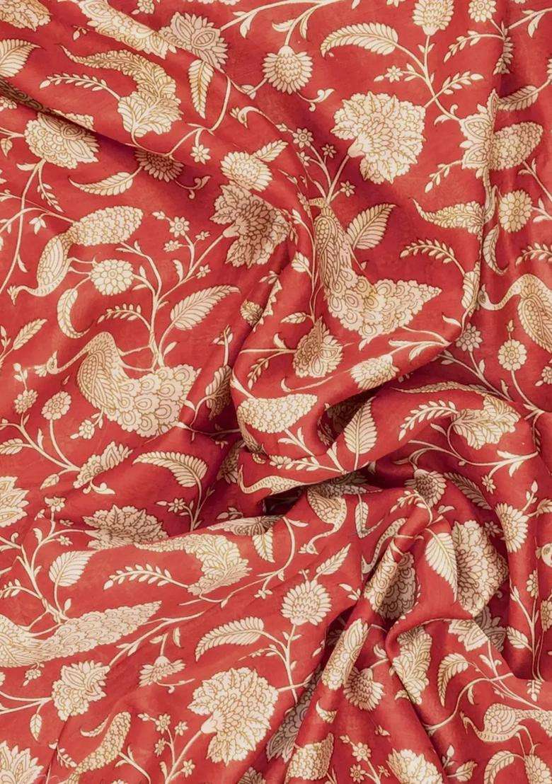 Dusty Peach Printed Chanderi Cotton Saree With Floral Motifs For Women - Indya