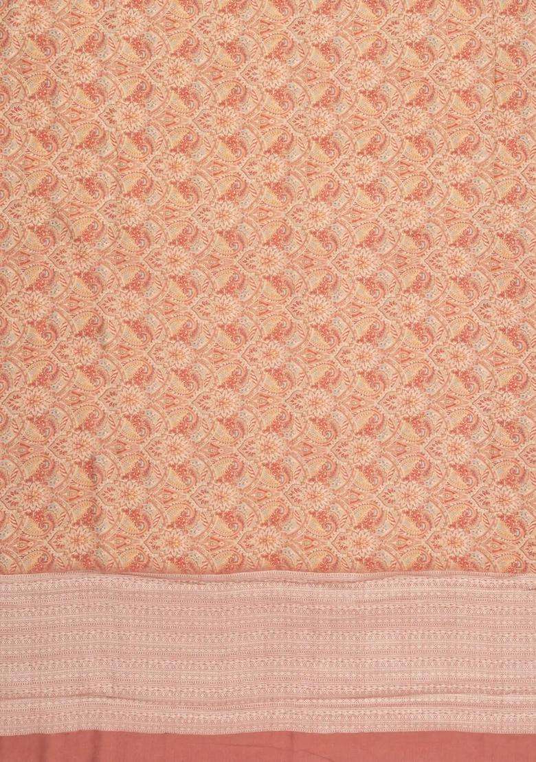 Dusty Peach Printed Chanderi Cotton Saree With Floral Motifs For Women - Indya