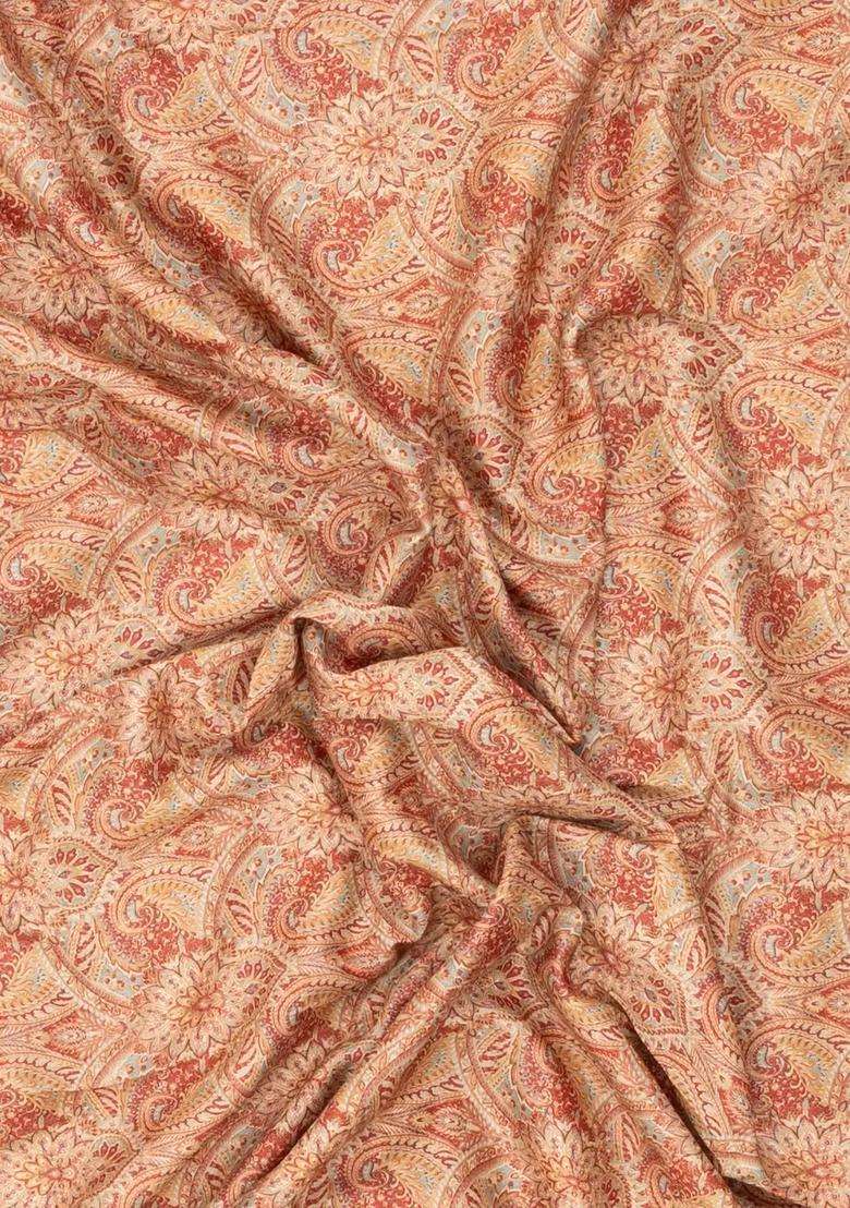 Dusty Peach Printed Chanderi Cotton Saree With Floral Motifs For Women - Indya