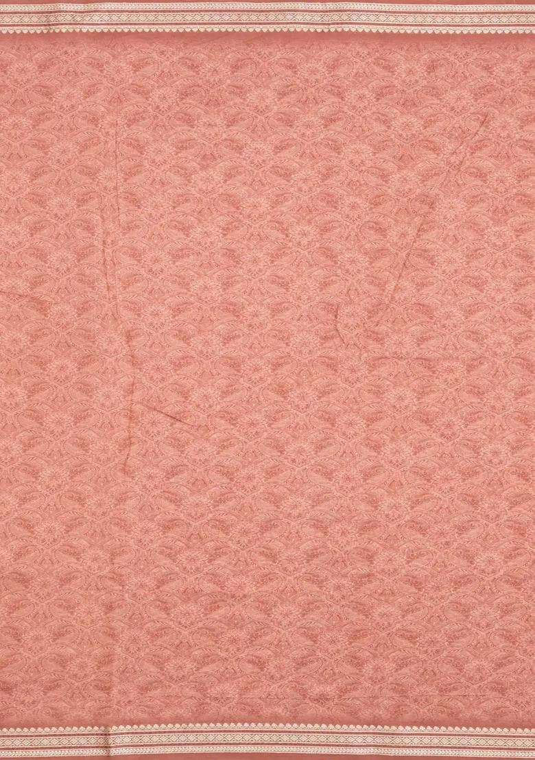 Dusty Peach Printed Chanderi Cotton Saree With Floral Motifs For Women - Indya