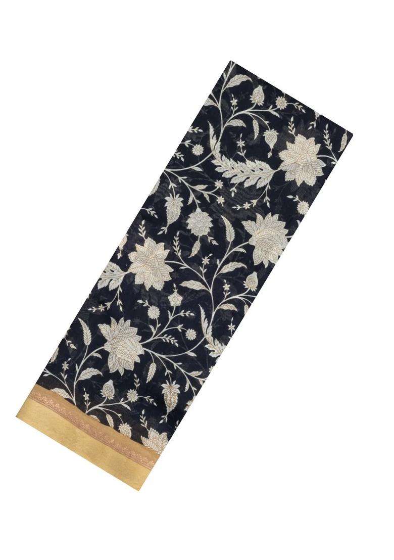 Black Printed Chanderi Cotton Saree With Floral Motifs For Women - Indya