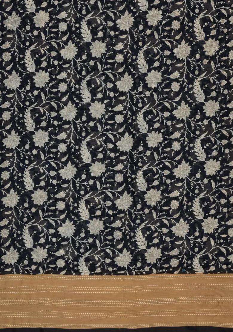 Black Printed Chanderi Cotton Saree With Floral Motifs For Women - Indya