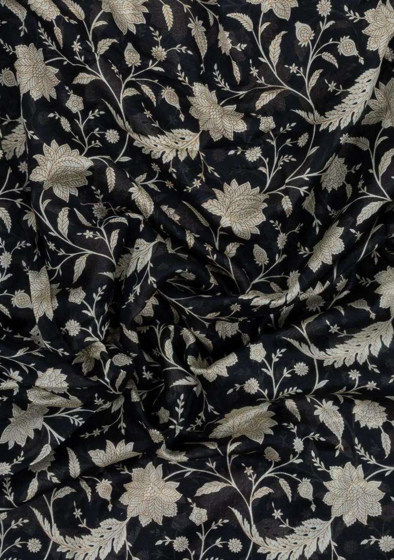 Black Printed Chanderi Cotton Saree With Floral Motifs For Women - Indya