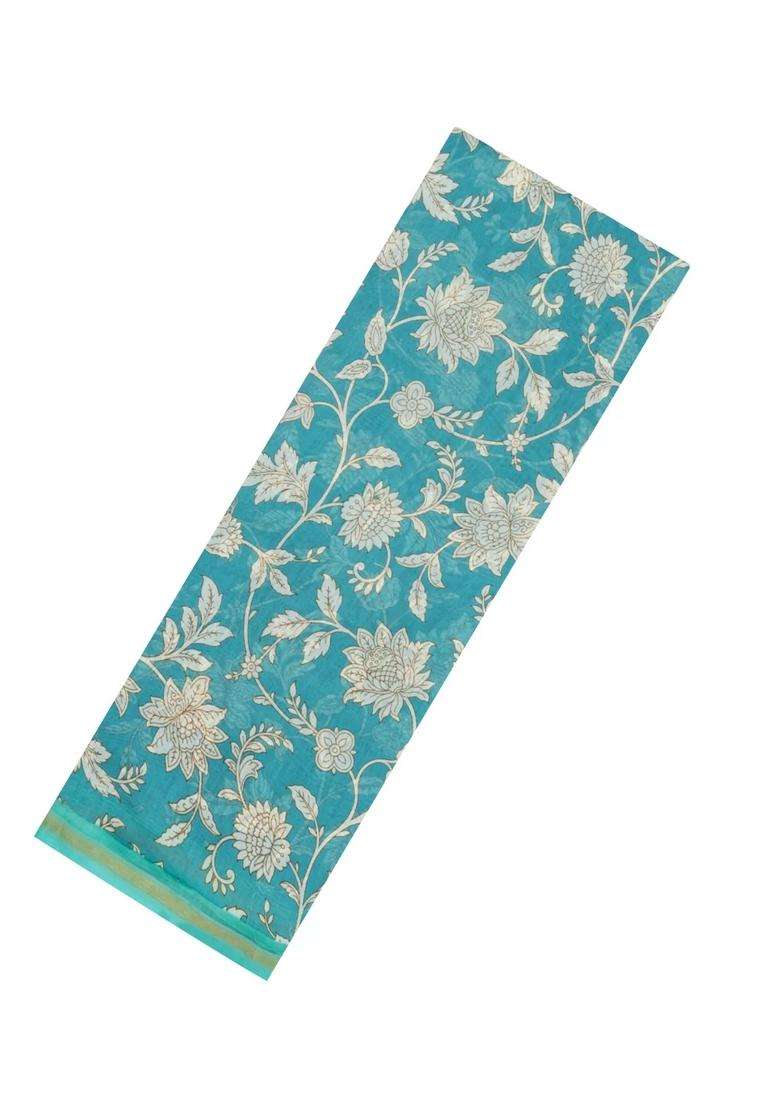 Turquoise Printed Chanderi Cotton Saree With Floral Motifs For Women - Indya