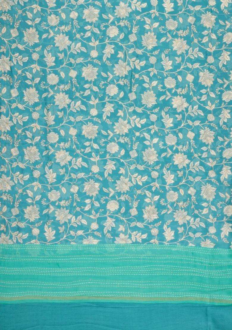 Turquoise Printed Chanderi Cotton Saree With Floral Motifs For Women - Indya