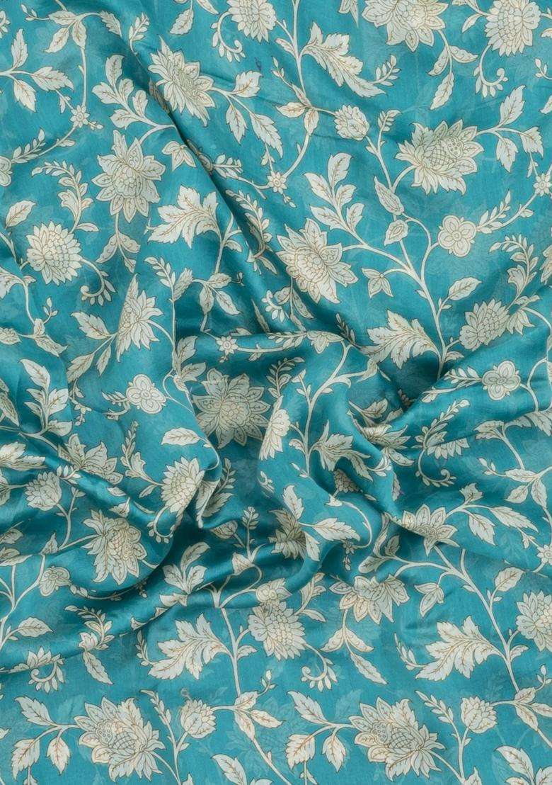 Turquoise Printed Chanderi Cotton Saree With Floral Motifs For Women - Indya